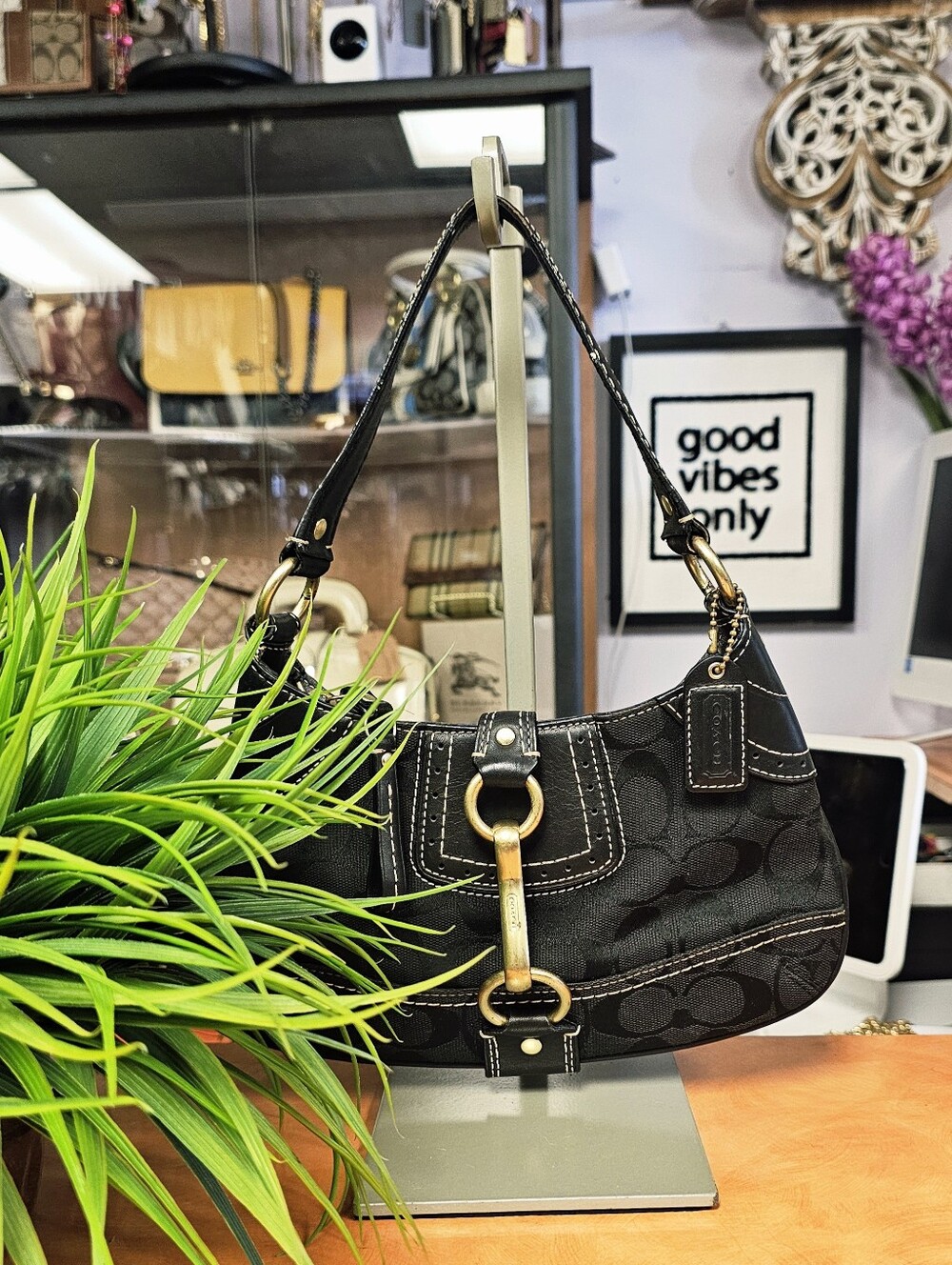 Coach Black Signature Y2K Canvas Shoulder Bag with Gold Hardware
